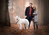 San diego's favorite pet photographer 5 family photoshoot with white shepherd dog in autumn forest