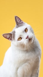 White-cat-tilted-head-yellow-background Curious white cat with golden eyes tilting its head against a warm yellow background. Fine art cat portrait photography by Kat De Laet, San Diego.