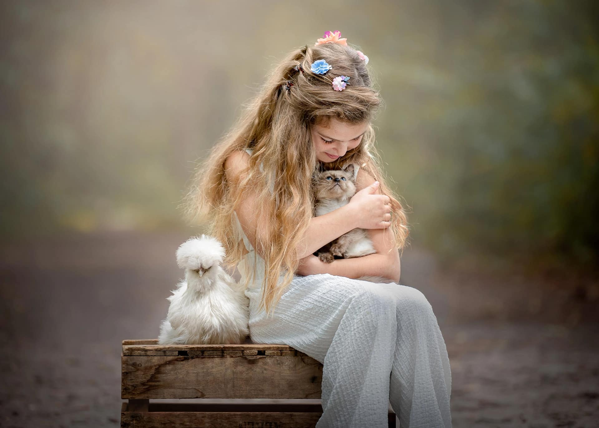 A girl holding a kitten and sitting next to a silkie chicken in a magical forest setting.