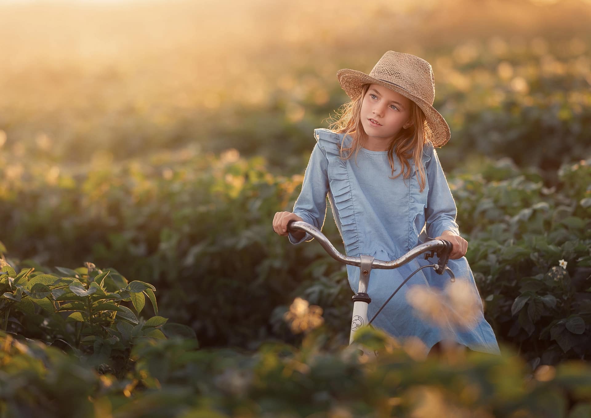 Young girl in a straw hat and denim dress riding a vintage bicycle through a lush green field at sunset. Dreamy fine art children's photography by Kat De Laet, San Diego.